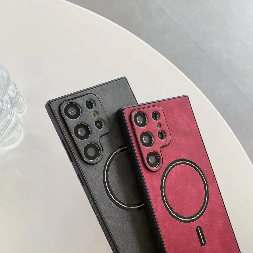 Leather Phone Case For Samsung   For Magsafe Magnetic Wireless Charging Cover