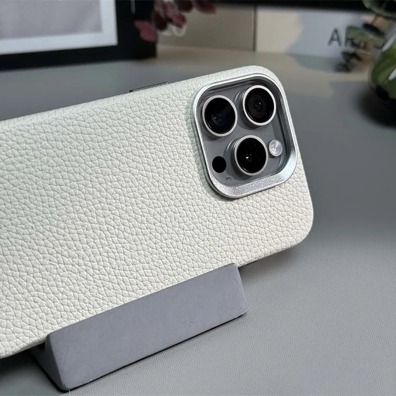 Wireless Charging MagSafe Leather Alloy Lens Protective Hard Case For iPhone