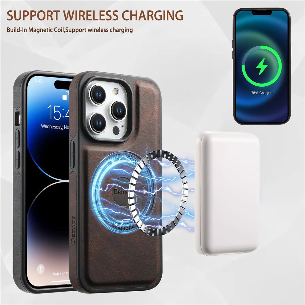 Magnetic Wireless Charging Leather Wallet Case for iPhone