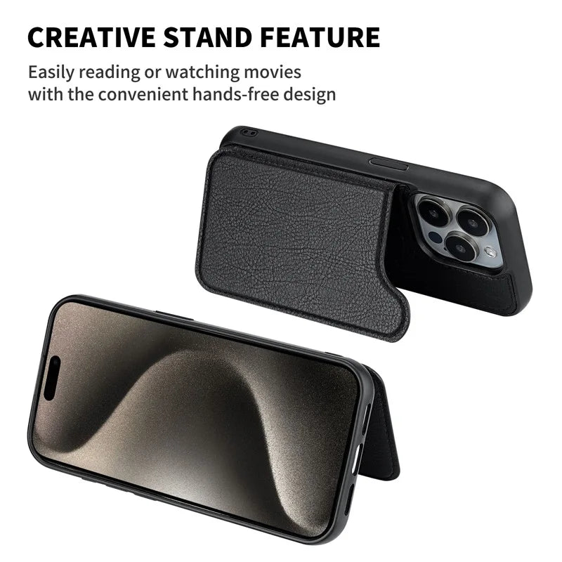 Magnetic Case with Integrated Stand & Card Slot, For iPhone 15/16/16Plus/16Pro, All-in-One Solution