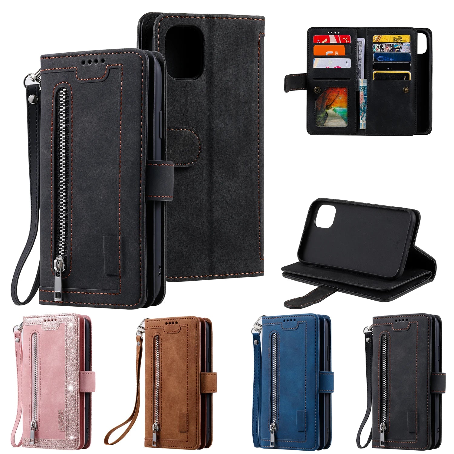 Multicard Solt Zipper Flip Leather Wallet Case For iPhone