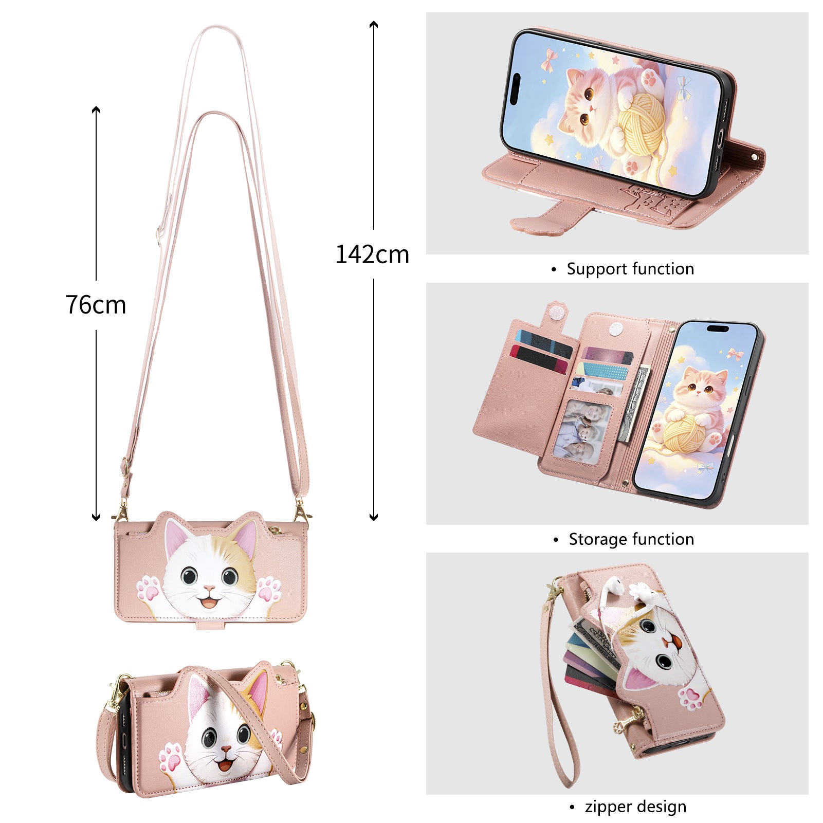 Cute cat crossbody long strap wristlet wallet case for iPhone