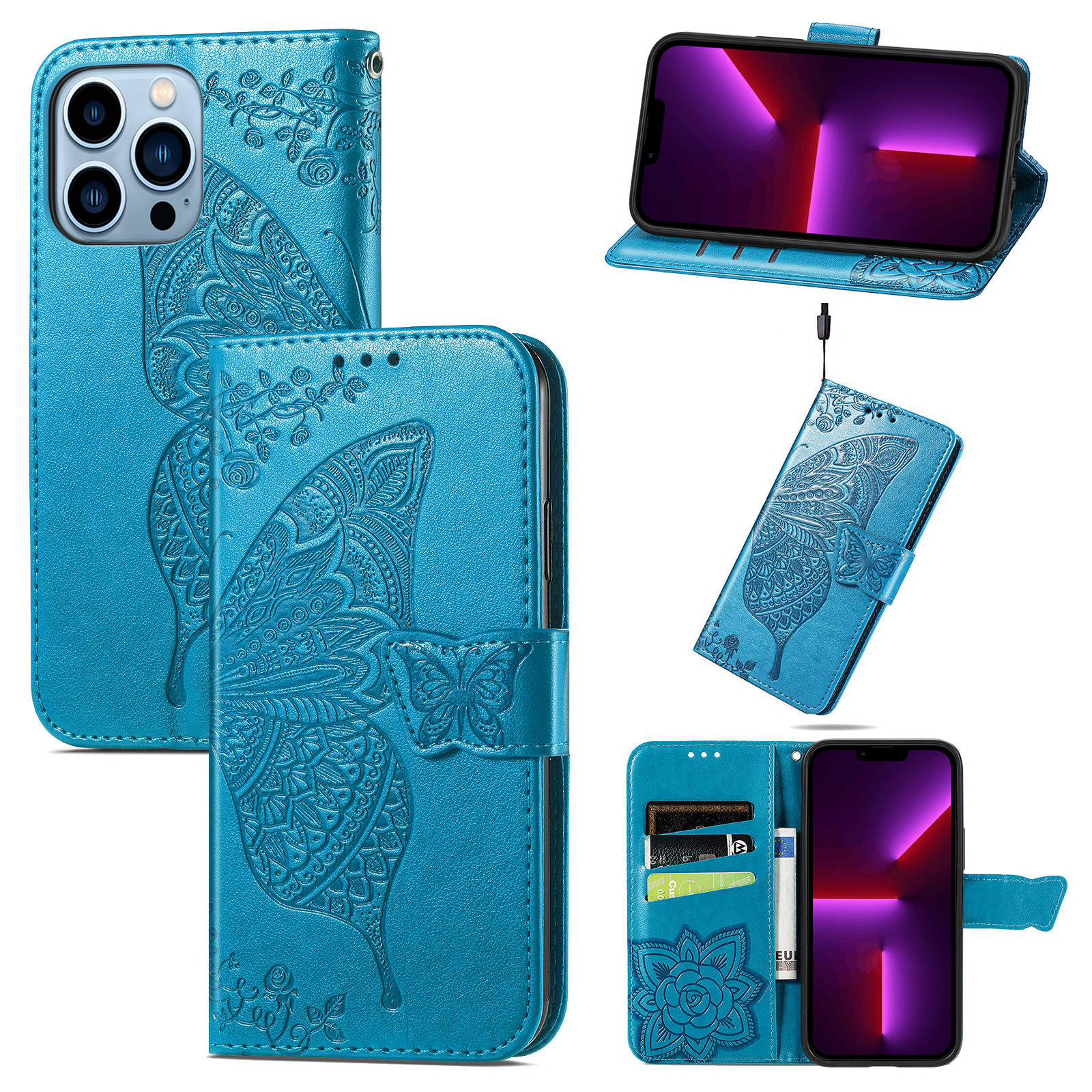 Embossed Flip Leather Wallet Case for iPhone