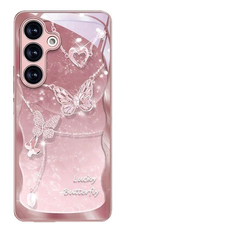 Metallic Paint Chain Butterfly Glass Case For Samsung