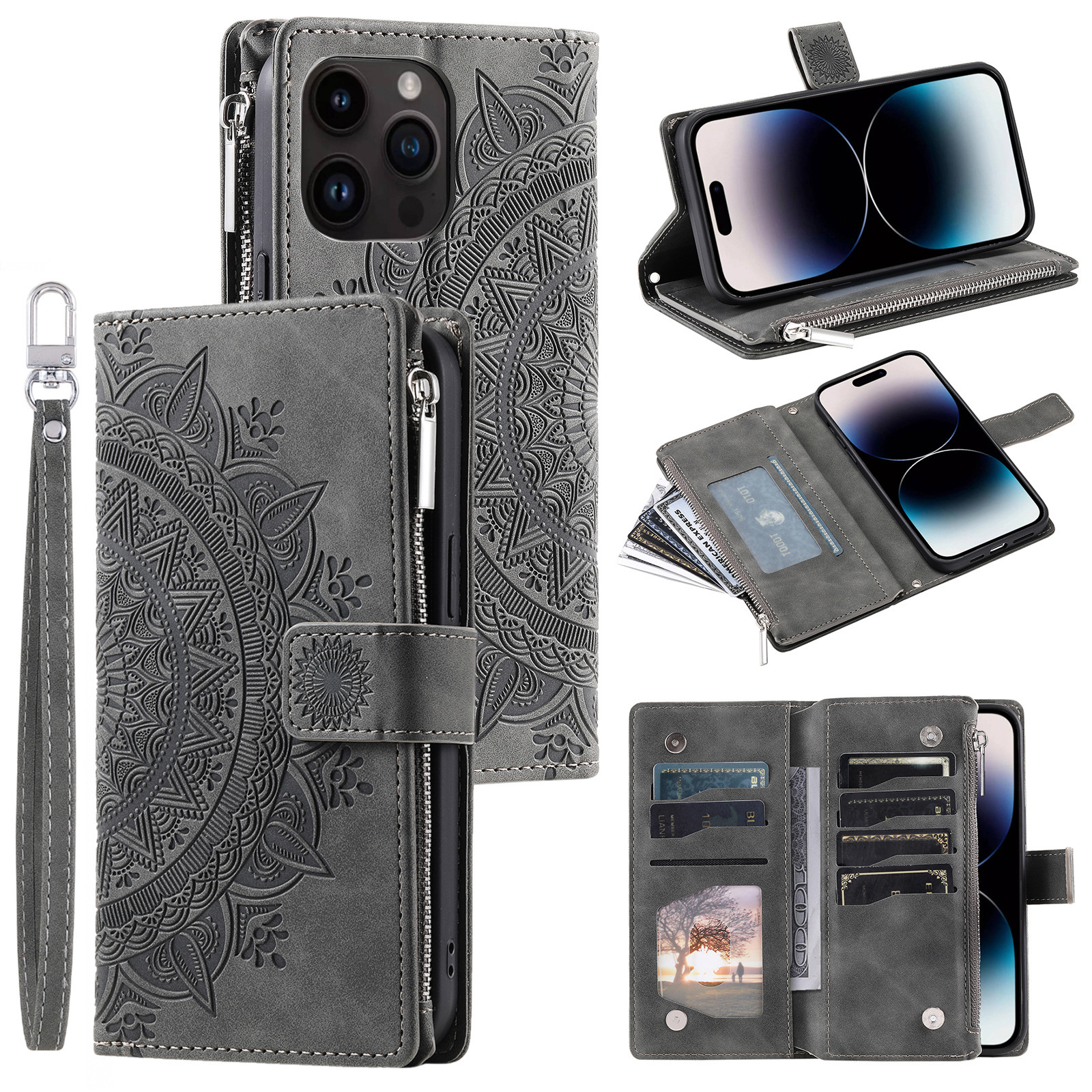 Luxury Leather Embossed Card Slots Zipper Wallet Case for iPhone