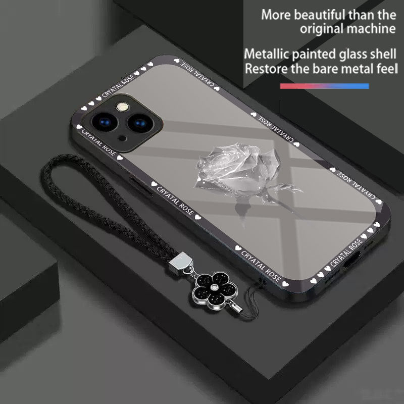 Lanyard Snow Rose Tempered Glass Case for iPhone