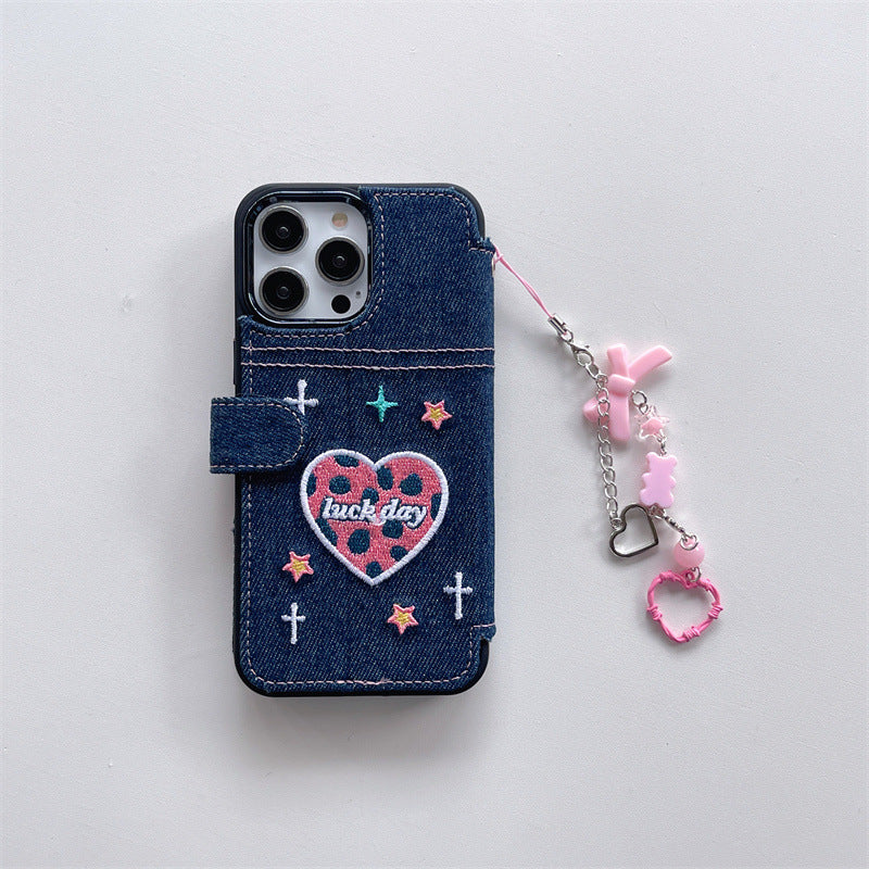 Chain Heart Embroidery Denim Flip Case For iPhone