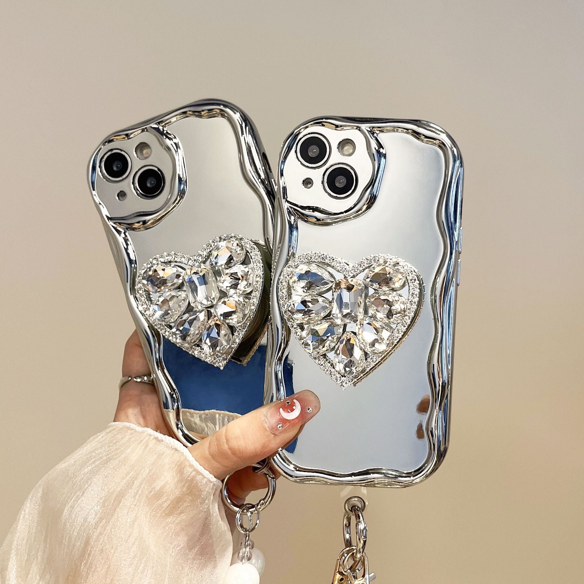 Love Heart Rhinestone Bracket Mirror Case for iPhone