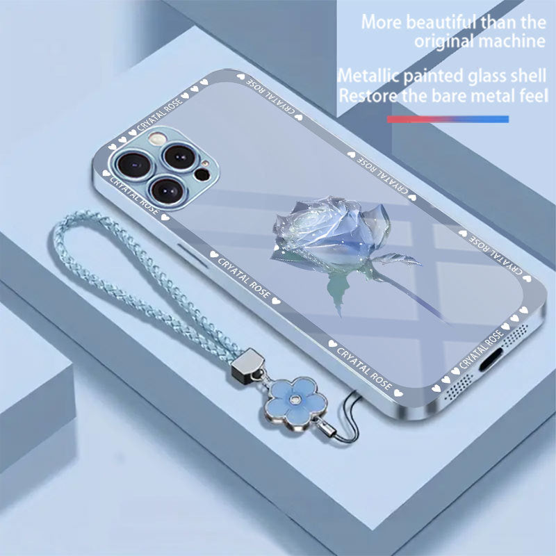 Lanyard Snow Rose Tempered Glass Case for iPhone