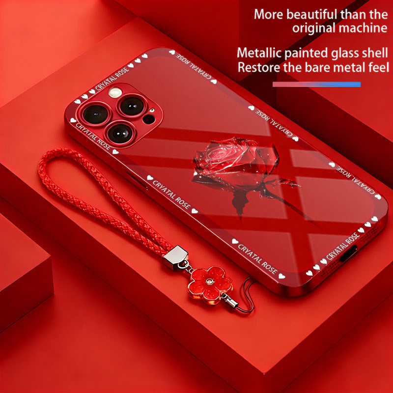 Lanyard Snow Rose Tempered Glass Case for iPhone