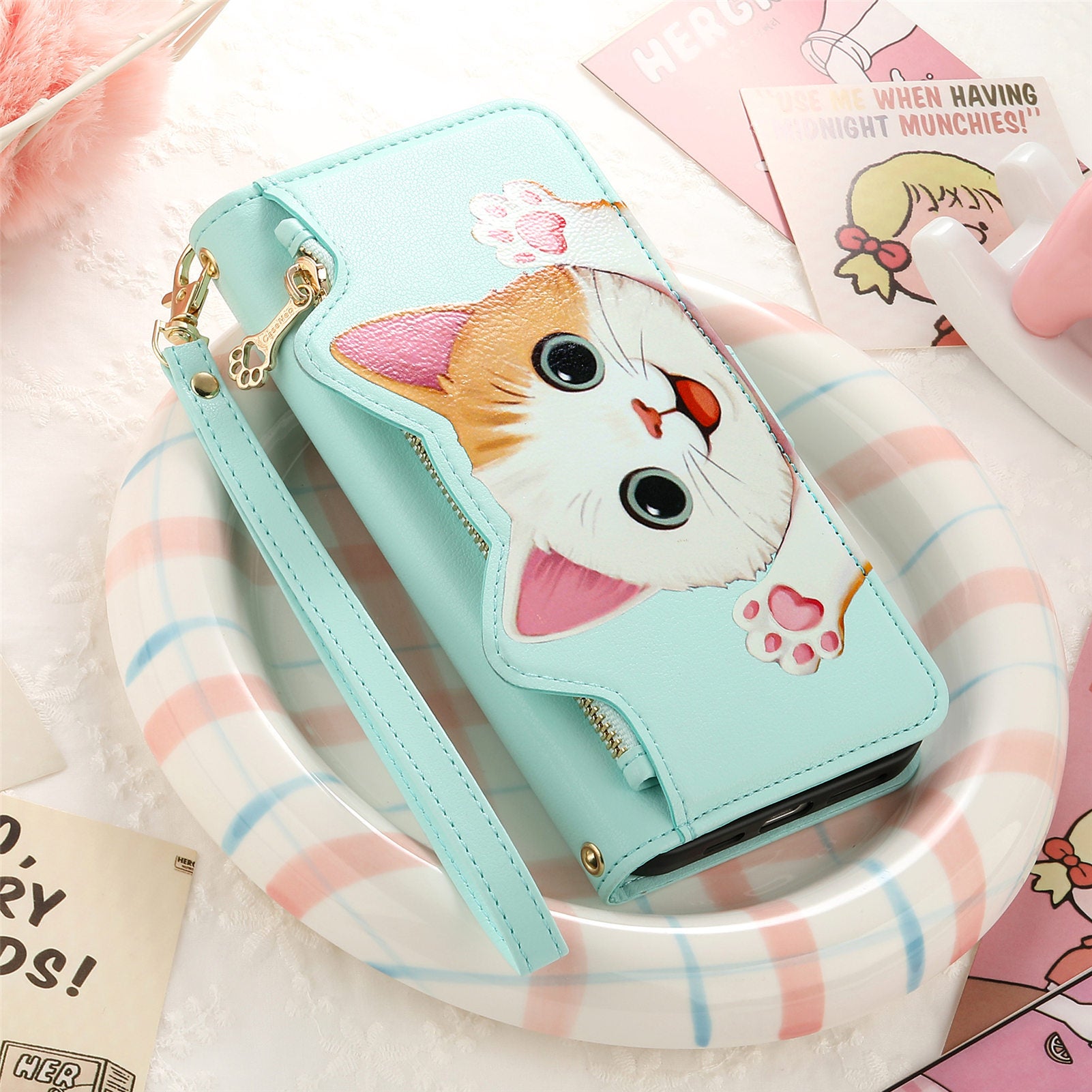 Cute cat crossbody long strap wristlet wallet case for Samsung