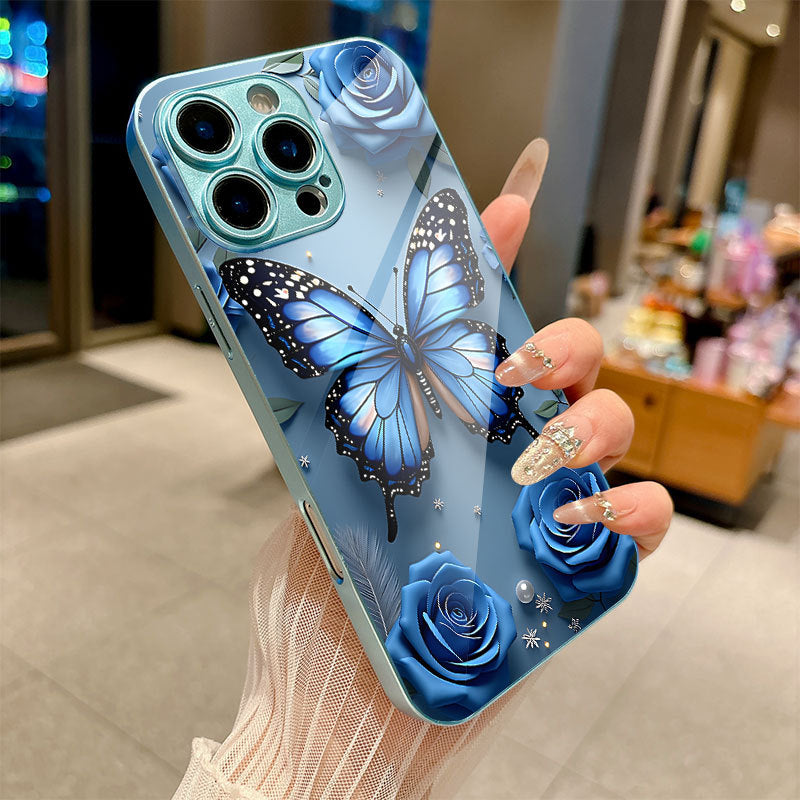 Rose-Blue Butterfly Pattern Hard Case for iPhone.