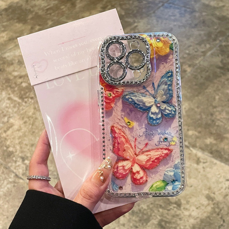 Oil painting style rhinestone butterfly case for iPhone