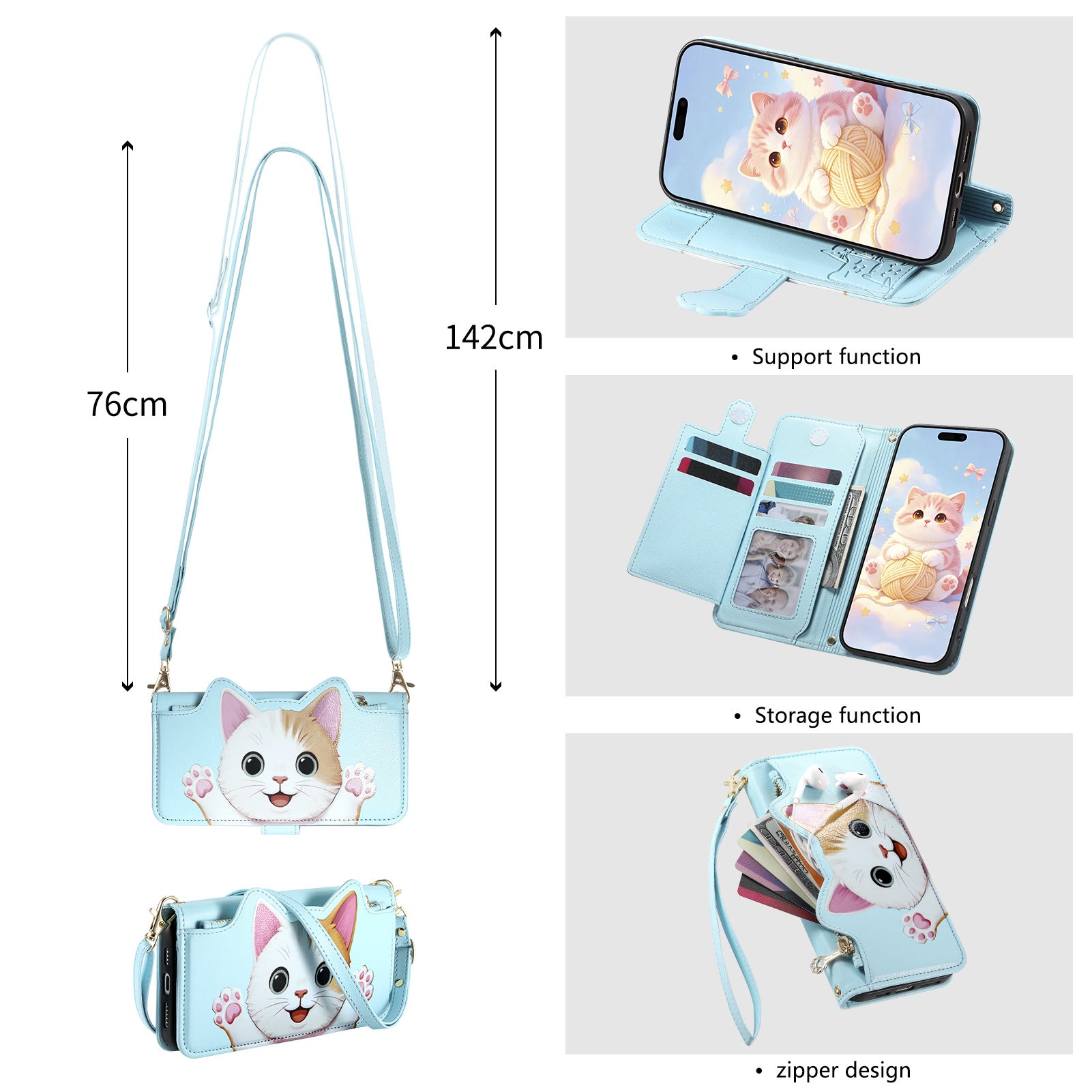 Cute cat crossbody long strap wristlet wallet case for iPhone