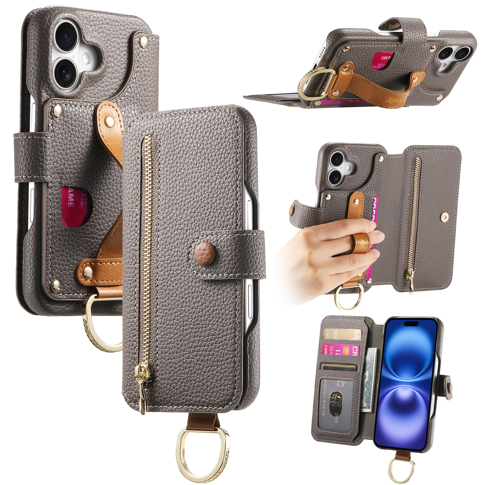 Litchi Patterned Flip Leather Wrist Strap Holder Case for iPhone