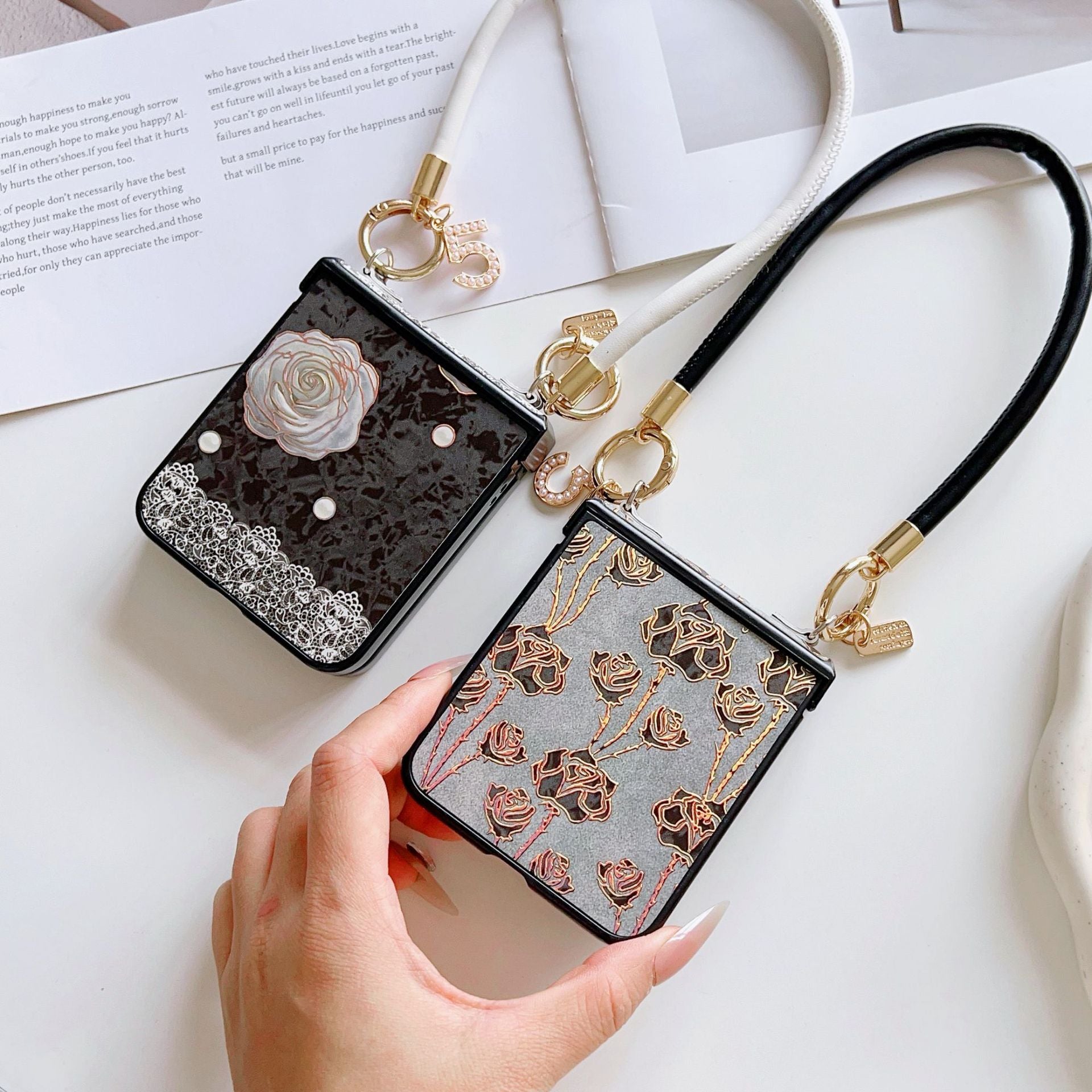 Vintage gold print rose folding phone case for Samsung