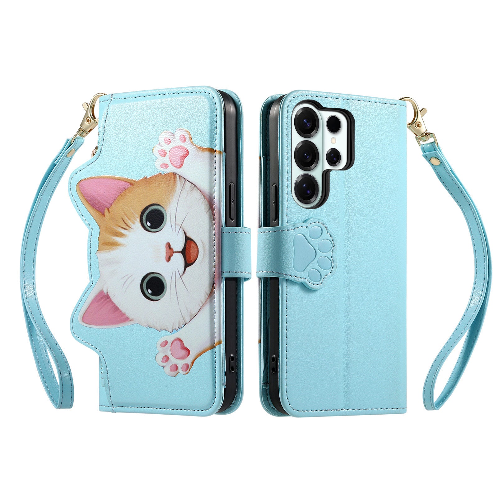 Cute cat crossbody long strap wristlet wallet case for Samsung