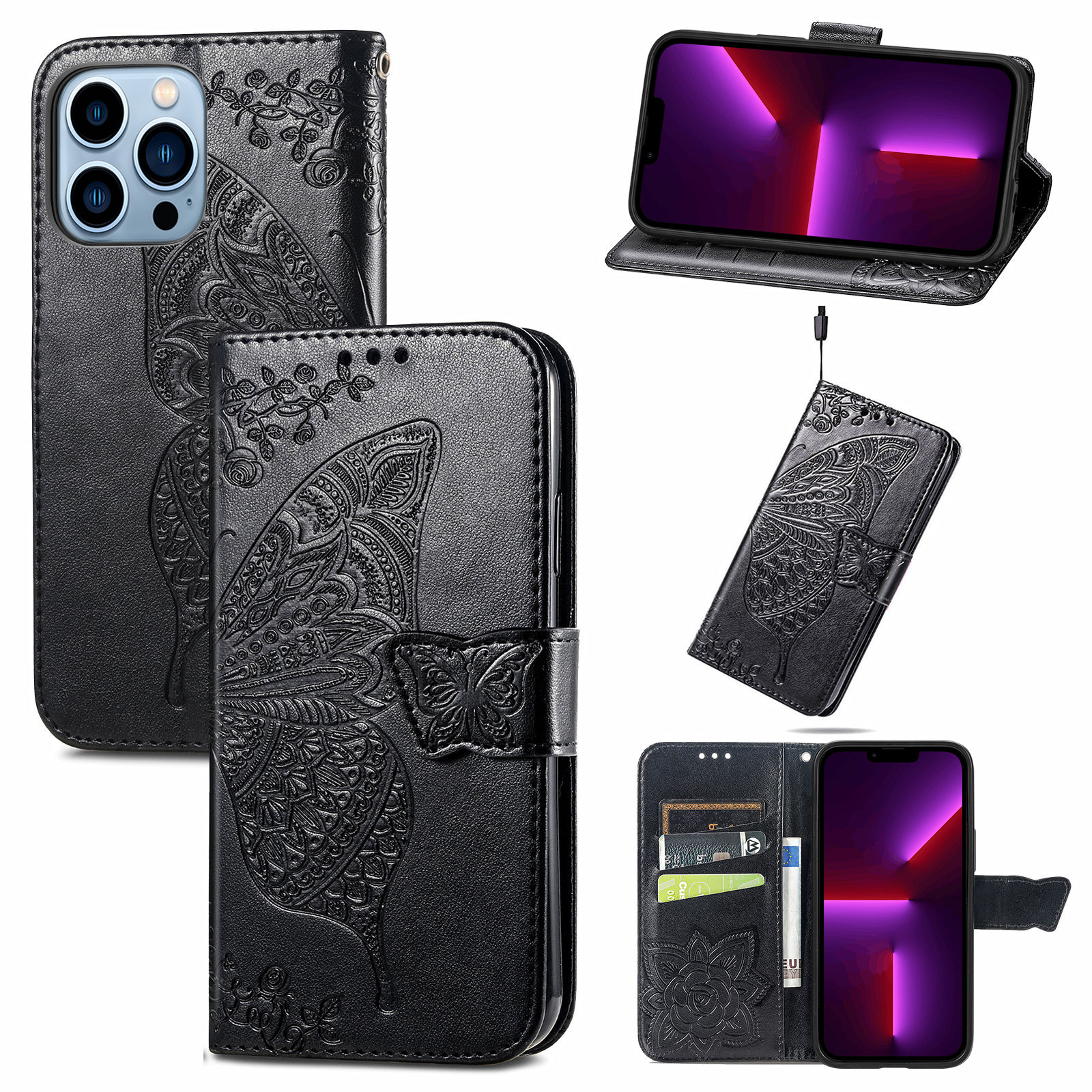 Embossed Flip Leather Wallet Case for iPhone