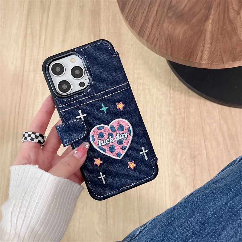 Chain Heart Embroidery Denim Flip Case For iPhone