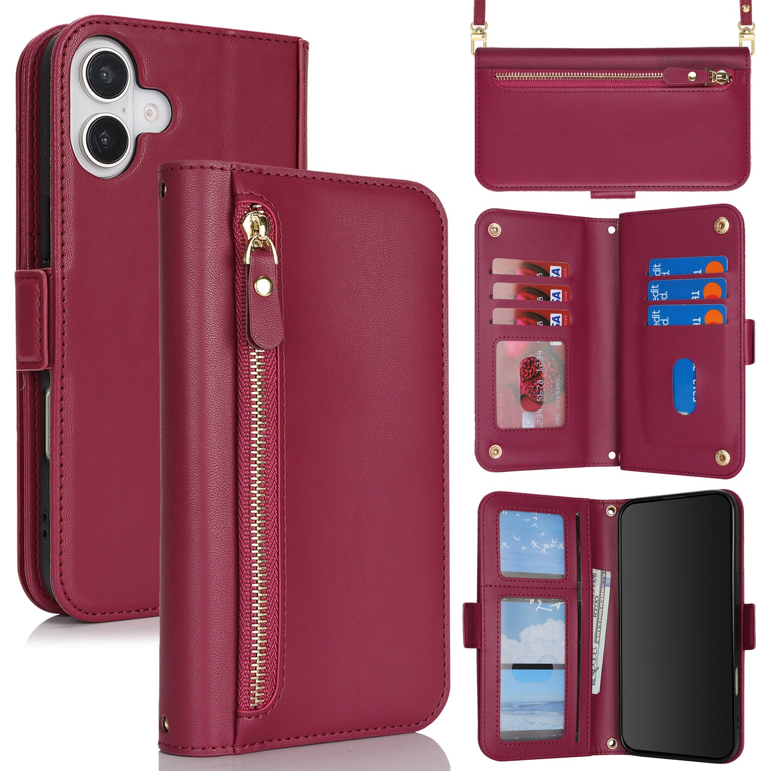 Crossbody Zipper Wallet Multi-Card Slot Flip Leather Case For iPhone