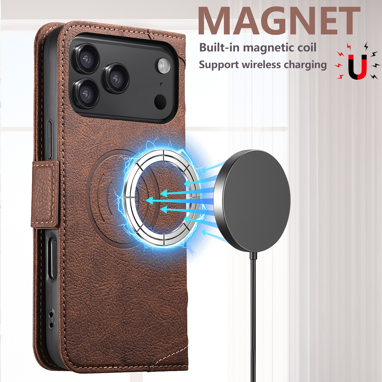 Flip Leather Wallet Magsafe Wireless Charge Cover For iPhone
