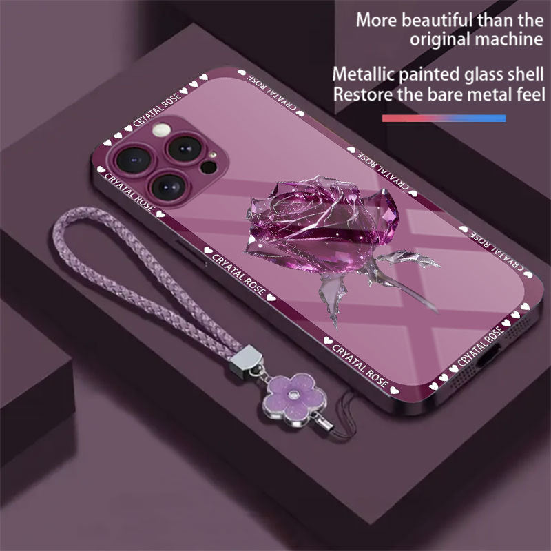 Lanyard Snow Rose Tempered Glass Case for iPhone