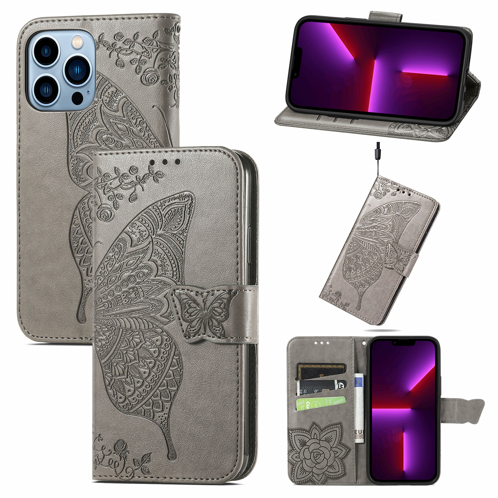 Embossed Flip Leather Wallet Case for iPhone