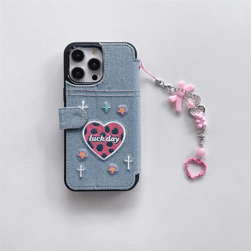 Chain Heart Embroidery Denim Flip Case For iPhone