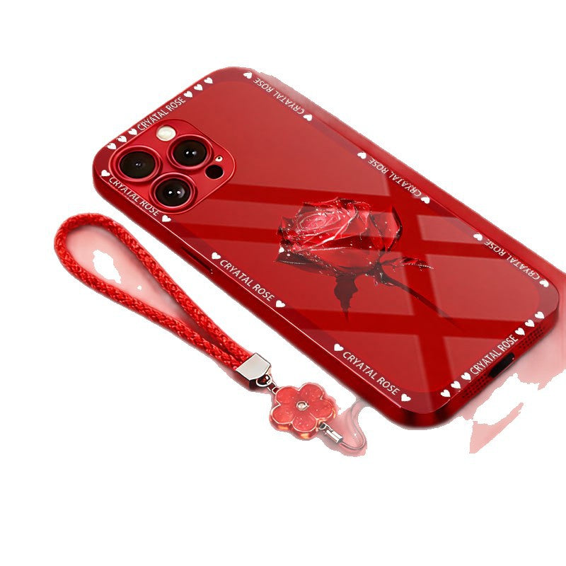 Lanyard Snow Rose Tempered Glass Case for iPhone