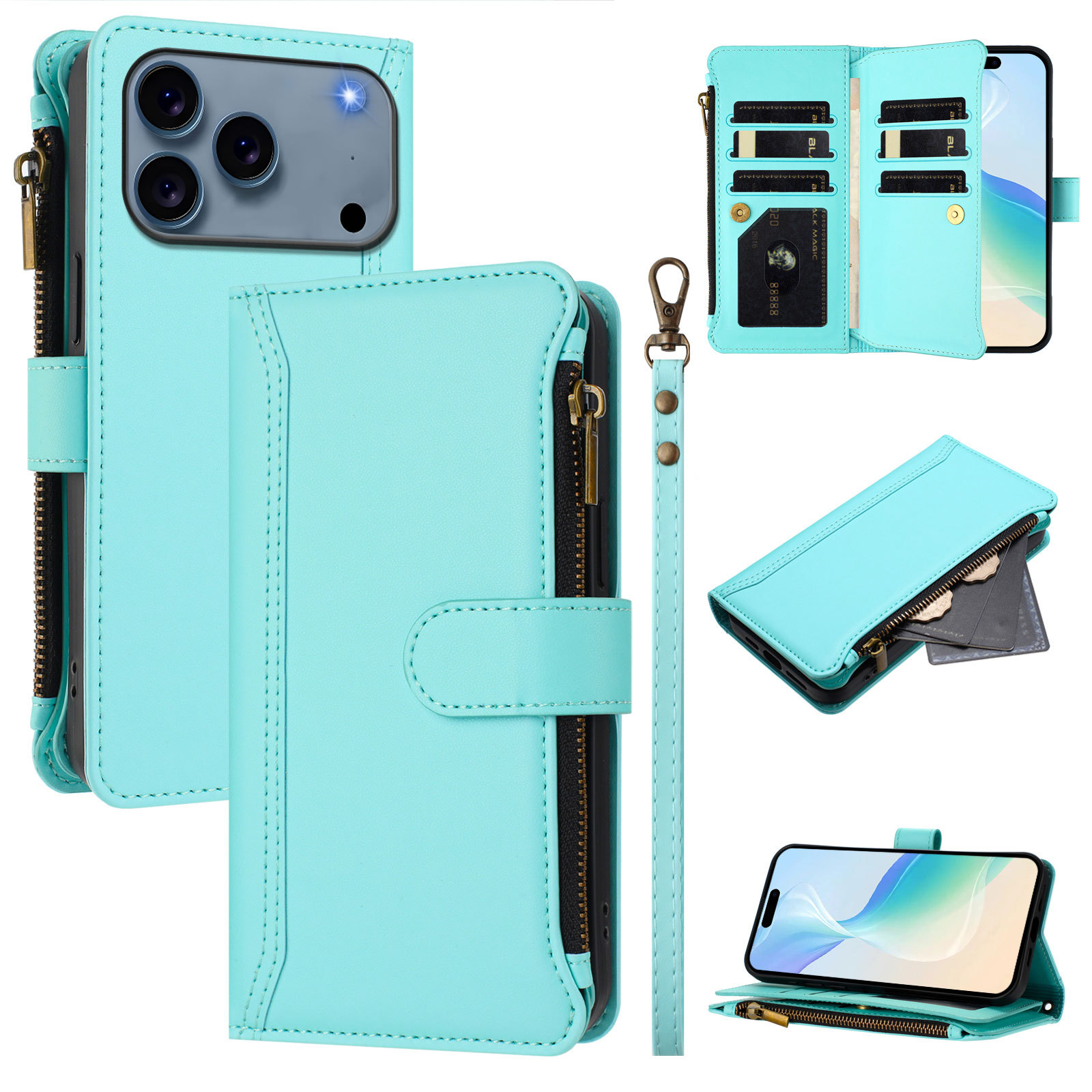 9-Card Flip Leather Zipper Wallet Case For iPhone