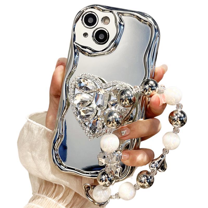 Love Heart Rhinestone Bracket Mirror Case for iPhone