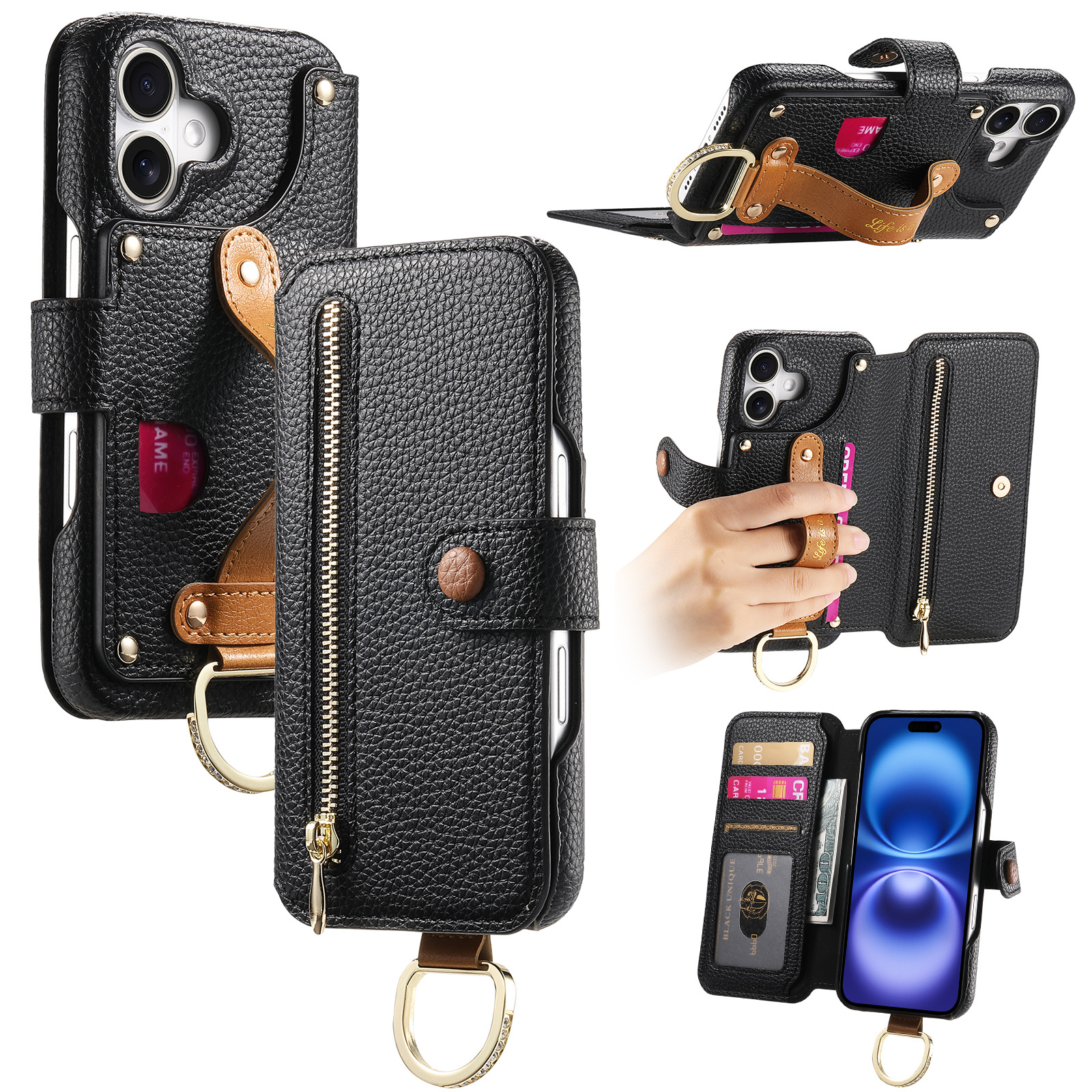 Litchi Patterned Flip Leather Wrist Strap Holder Case for iPhone