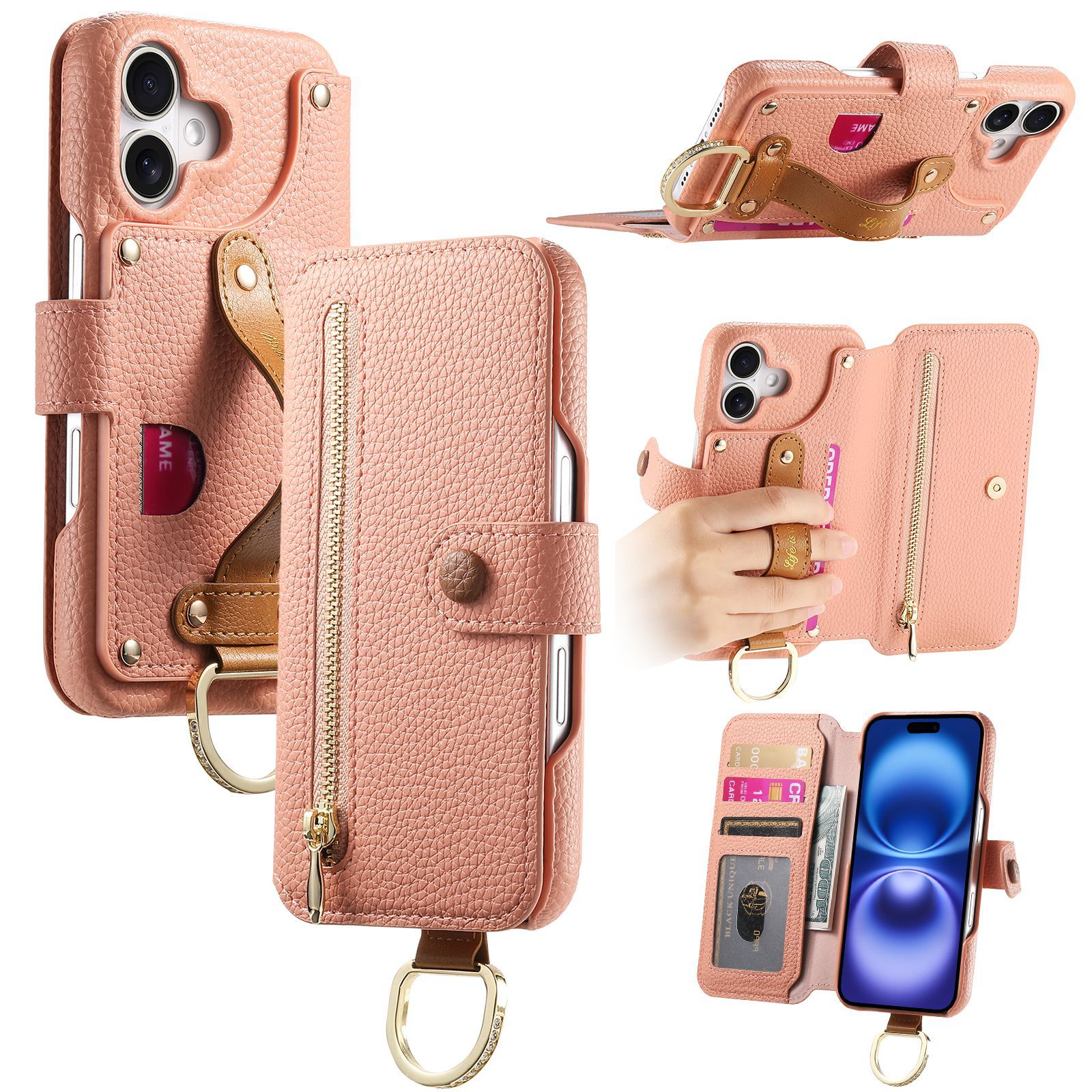 Litchi Patterned Flip Leather Wrist Strap Holder Case for iPhone