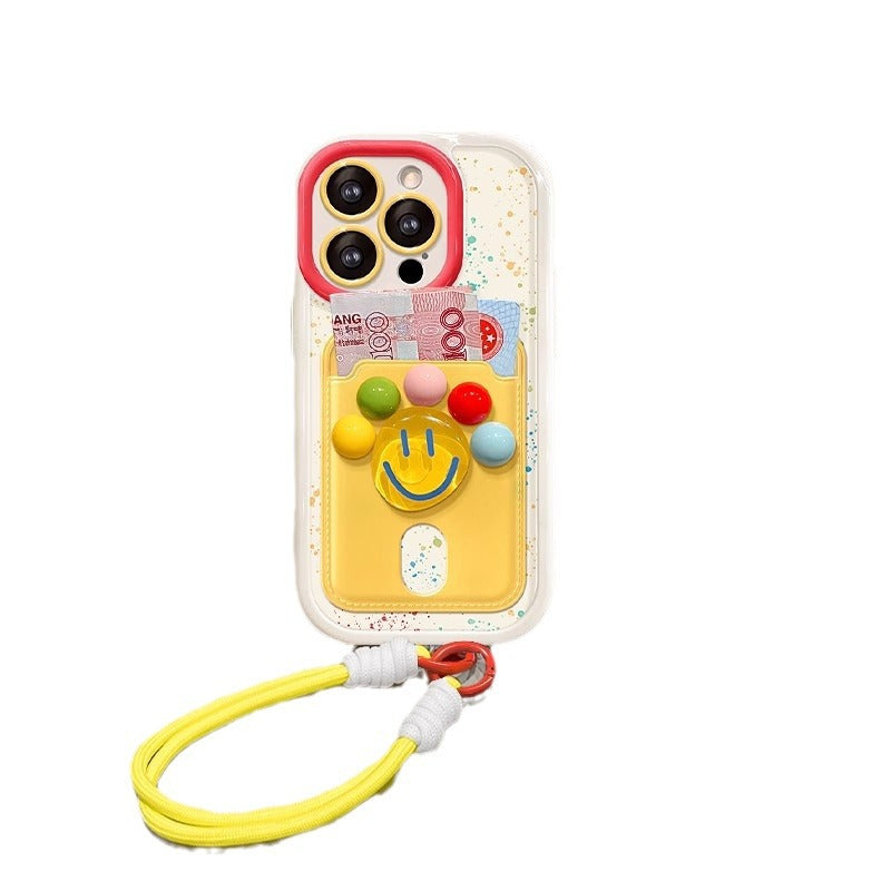 Polka dot smiley face card holder lanyard case For iPhone