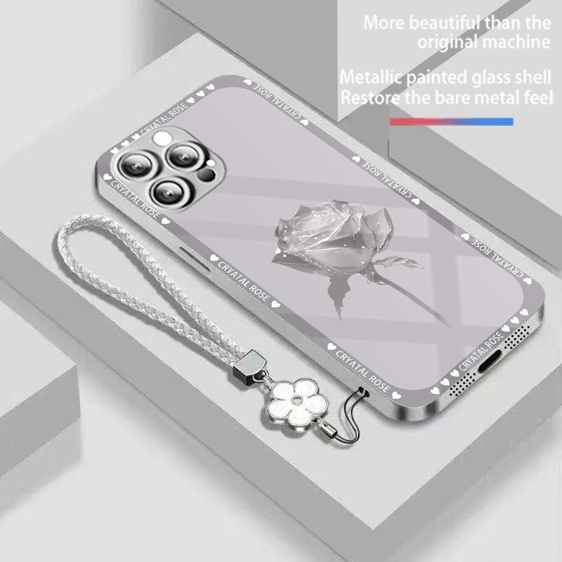 Lanyard Snow Rose Tempered Glass Case for iPhone
