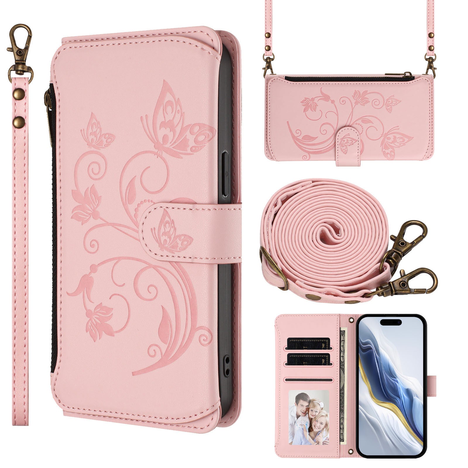 Butterfly Love Flower Embossed Crossbody Wallet Case for iPhone