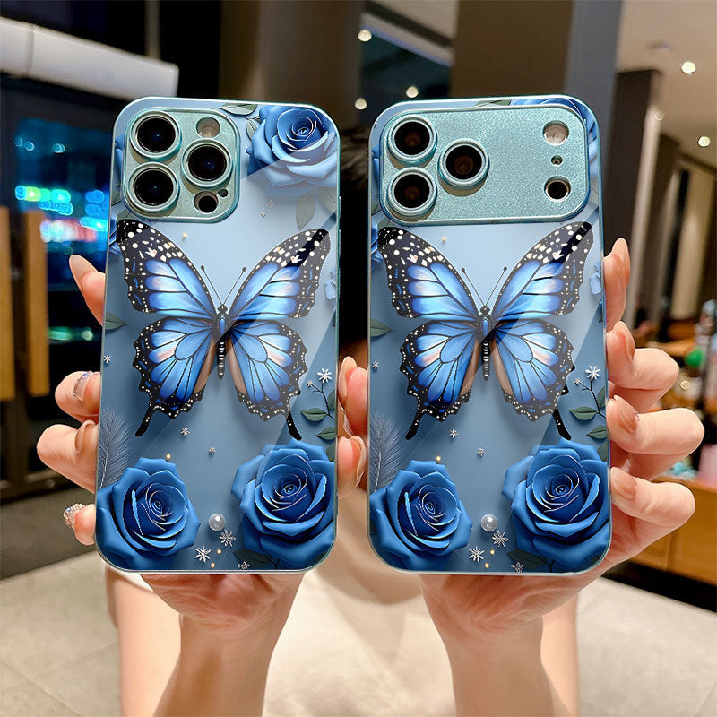 Rose-Blue Butterfly Pattern Hard Case for iPhone.