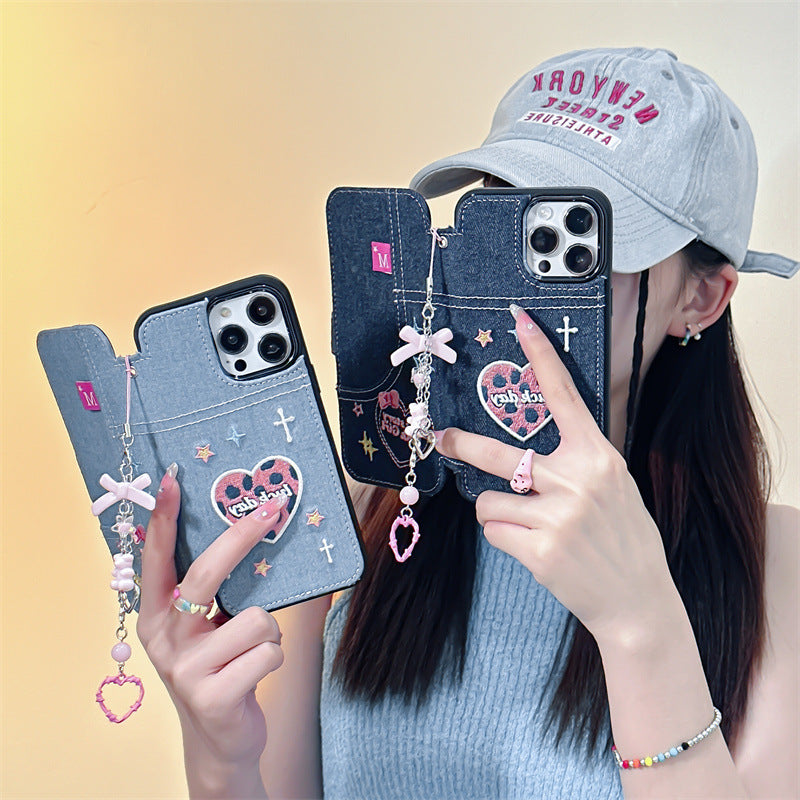 Chain Heart Embroidery Denim Flip Case For iPhone