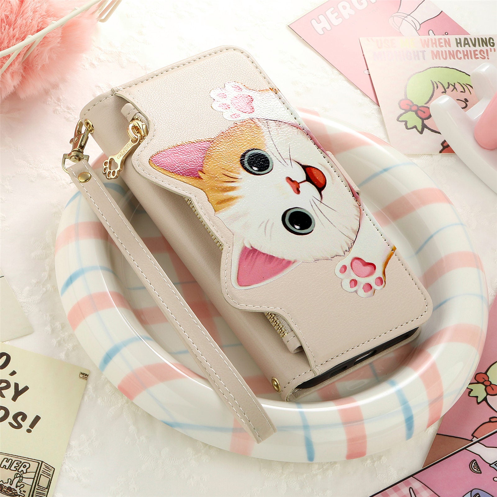 Cute cat crossbody long strap wristlet wallet case for Samsung