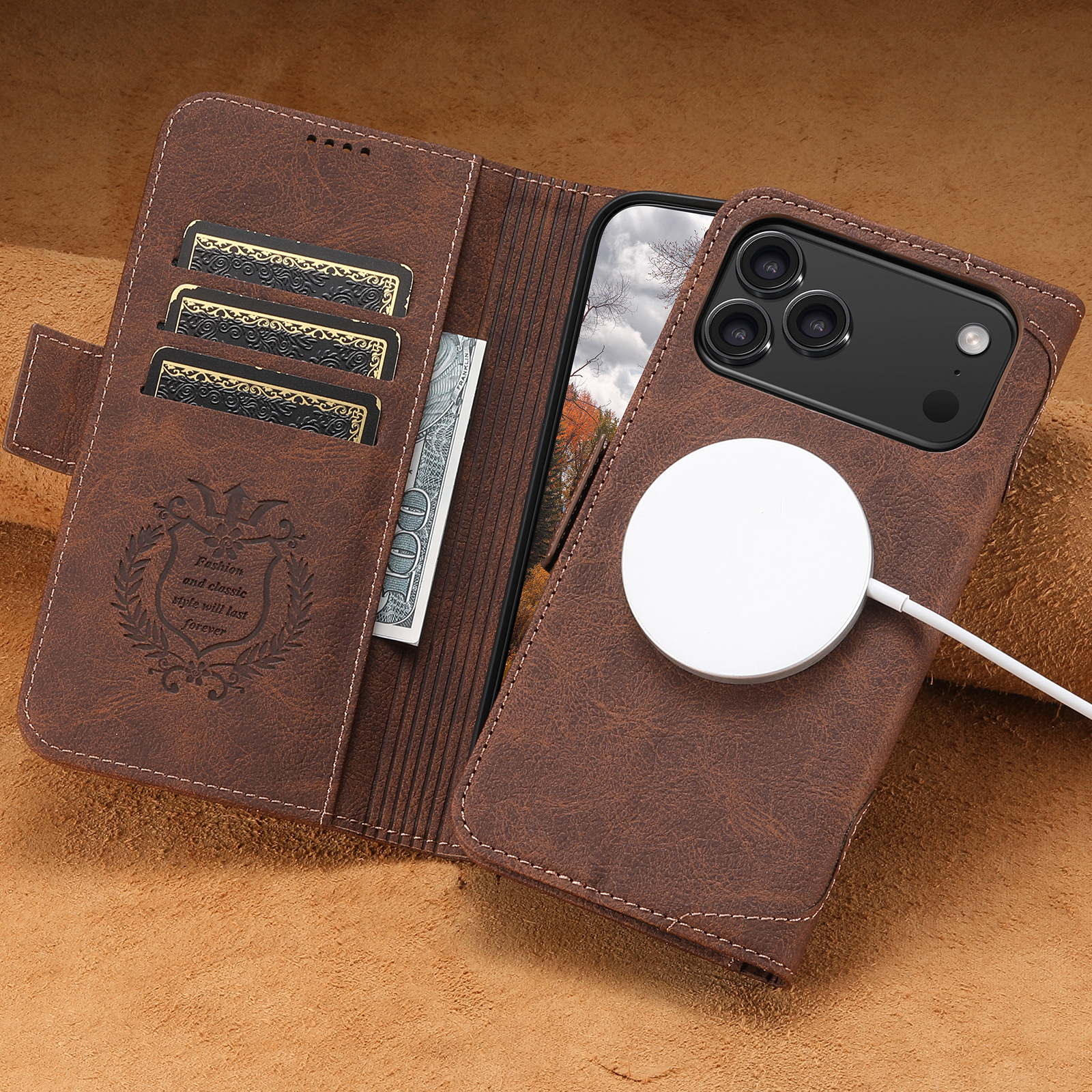 Flip Leather Wallet Magsafe Wireless Charge Cover For iPhone