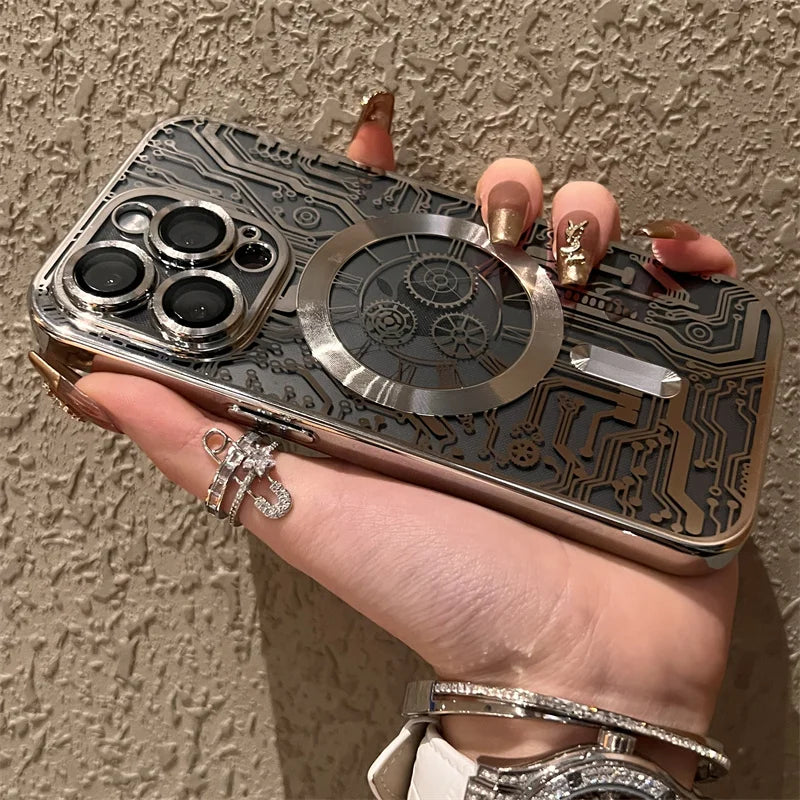 Plating Circuit Pattern Magnetic Transparent Magsafe Wireless Charge Case For iPhone