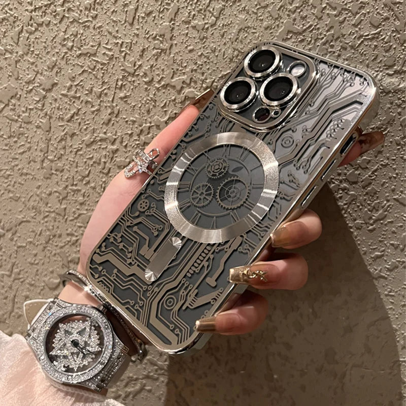 Plating Circuit Pattern Magnetic Transparent Magsafe Wireless Charge Case For iPhone