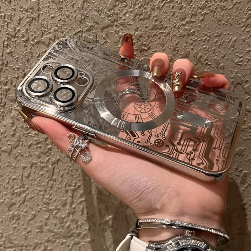 Plating Circuit Pattern Magnetic Transparent Magsafe Wireless Charge Case For iPhone