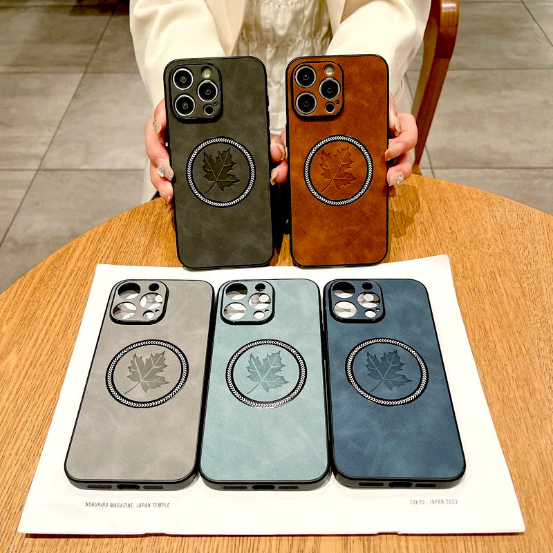 Retro Leather Maple Leaf Case For iPhone  For Magsafe Charge Covers