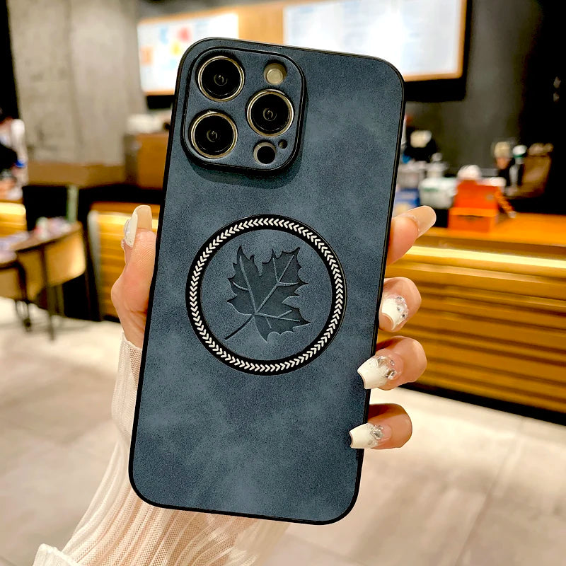 Retro Leather Maple Leaf Case For iPhone  For Magsafe Charge Covers