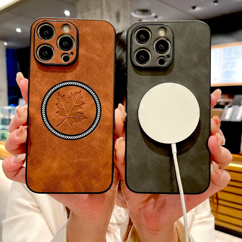 Retro Leather Maple Leaf Case For iPhone  For Magsafe Charge Covers