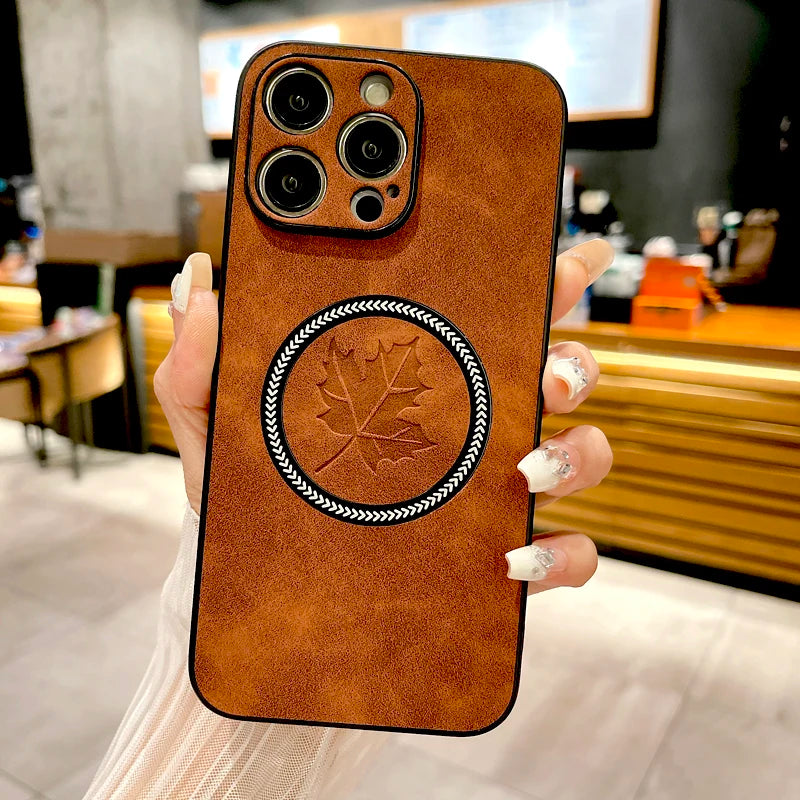 Retro Leather Maple Leaf Case For iPhone  For Magsafe Charge Covers