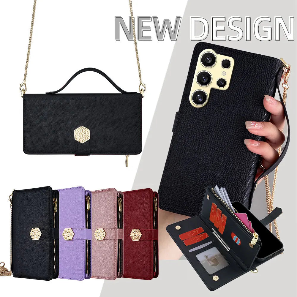 Fashion Flip Card Slots Leather Wallet Case for Samsung With Metal Strap