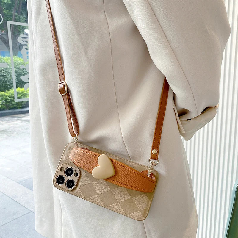 Rhombus Heart Wristband Crossbody Case for IPhone