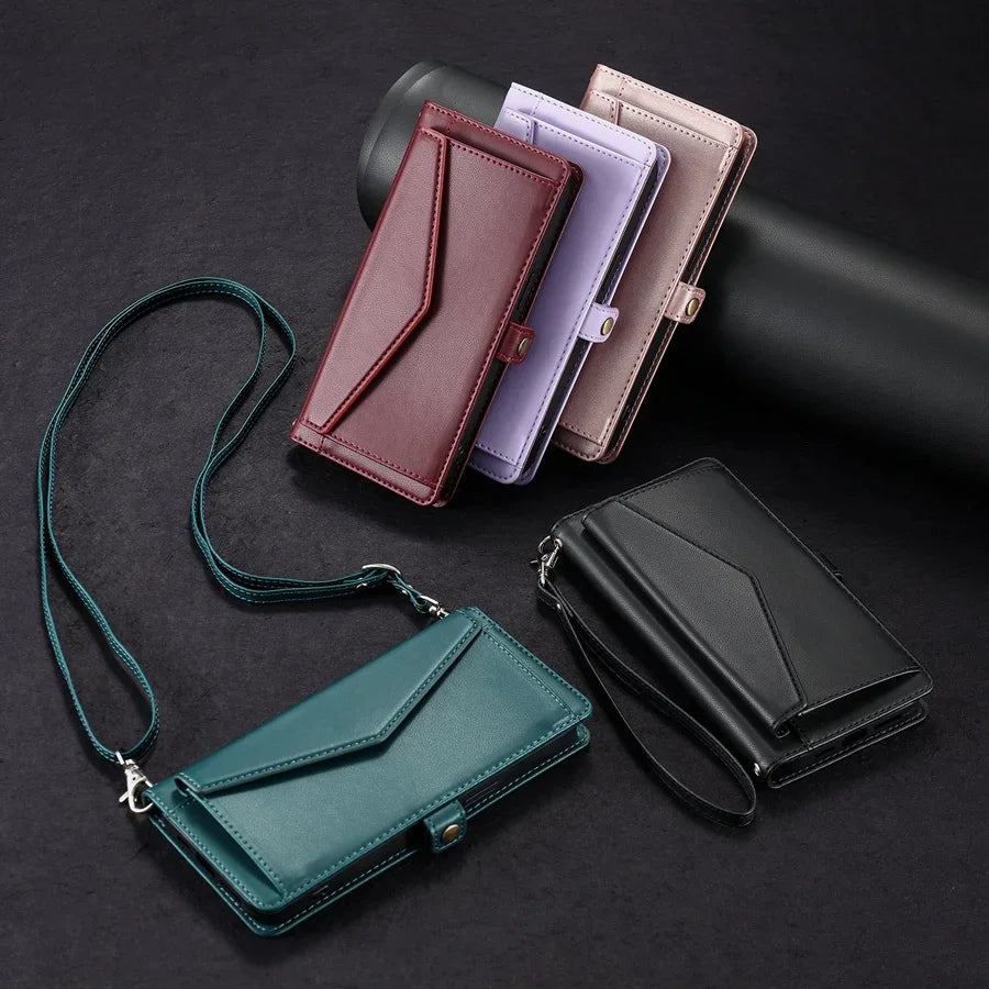 Lanyard Flip Dual Layer Card Slots Wallet Case for iPhone